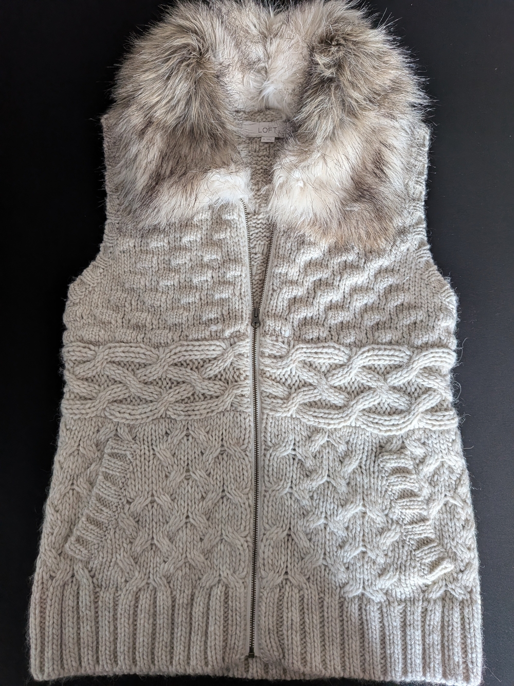 LOFT Cream Cable-Knit Faux Fur Collar Vest
